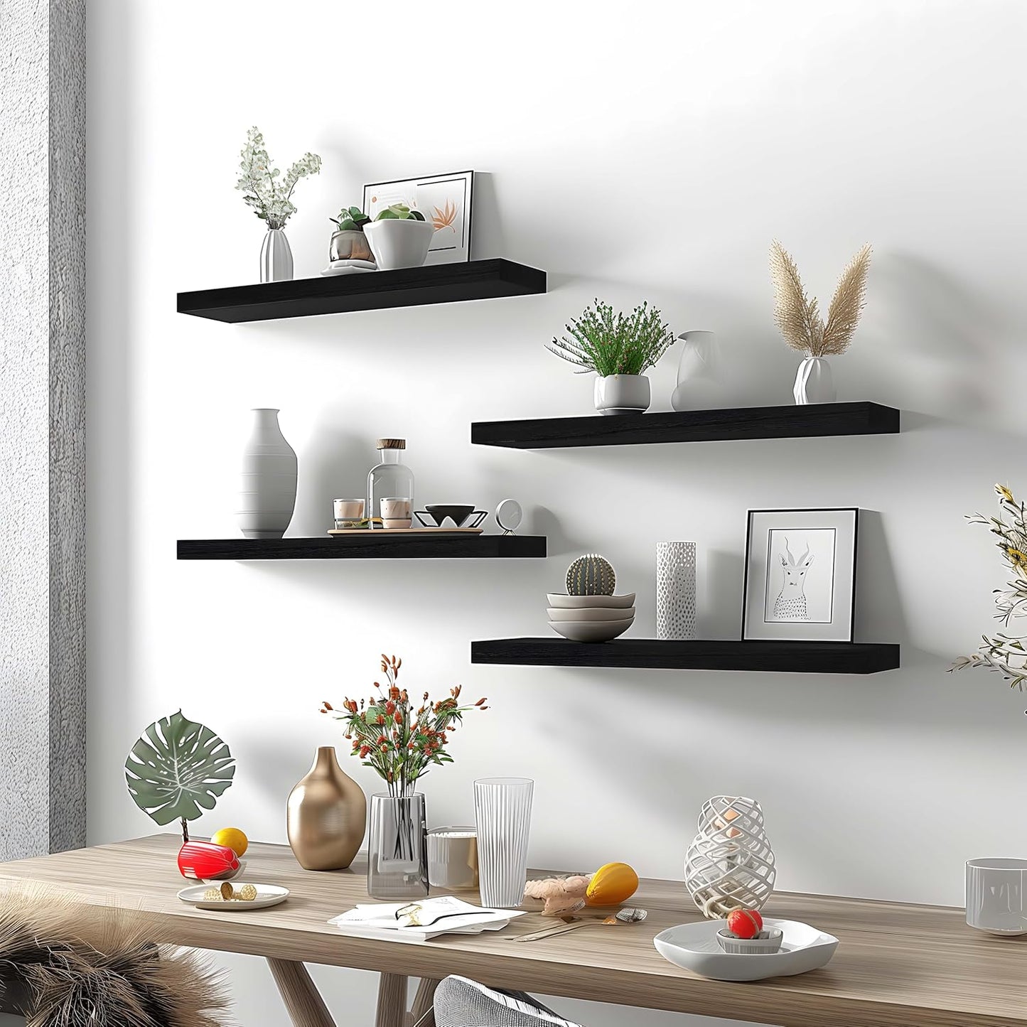 Black Wood Floating Shelves for Wall Rustic Wall Shelves for Bedroom Set of 6 - Décor Diaries