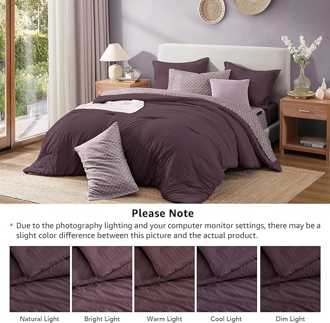 Monbix Queen Comforter Set - 7 Pieces ltalian Plum Prewashed Bed in a Bag Queen Bedding Sets with Comforters, All Seasons Ultra Soft Comforter Bed Set with Sheets,Pillowcases & Shams