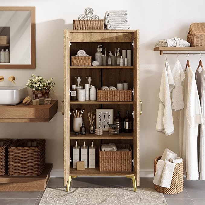 JASIWAY Tall Bathroom Storage Cabinet with Doors and Shelves, 57" Linen Floor Storage Cabinet for Laundry Entryway, Wood Freestanding Pantry with Metal Handle, Adjustable Shelves, Anti-Tipping Device