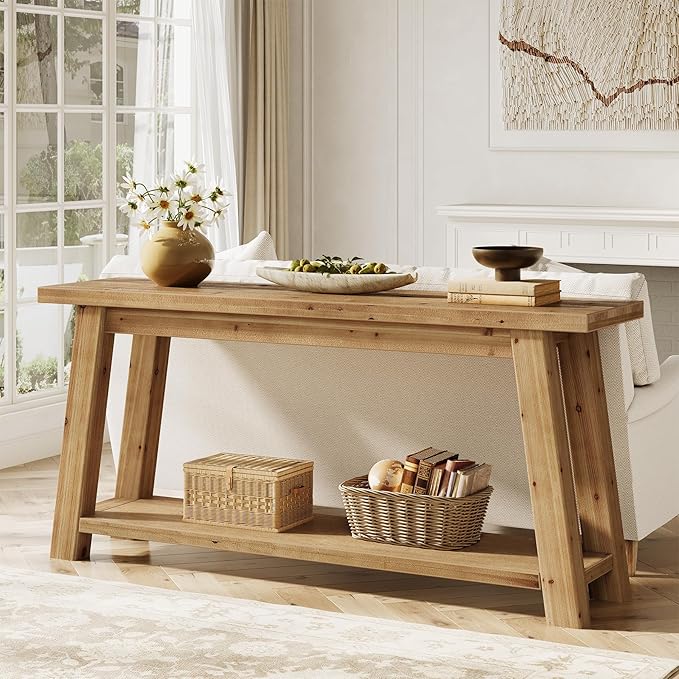 LITTLE TREE 70.9" Solid Wood Console Table for Entryway, 2-Tier Sofa Table Behind Couch, Farmhouse Entryway Table for Living Room, Bedroom, Foyer