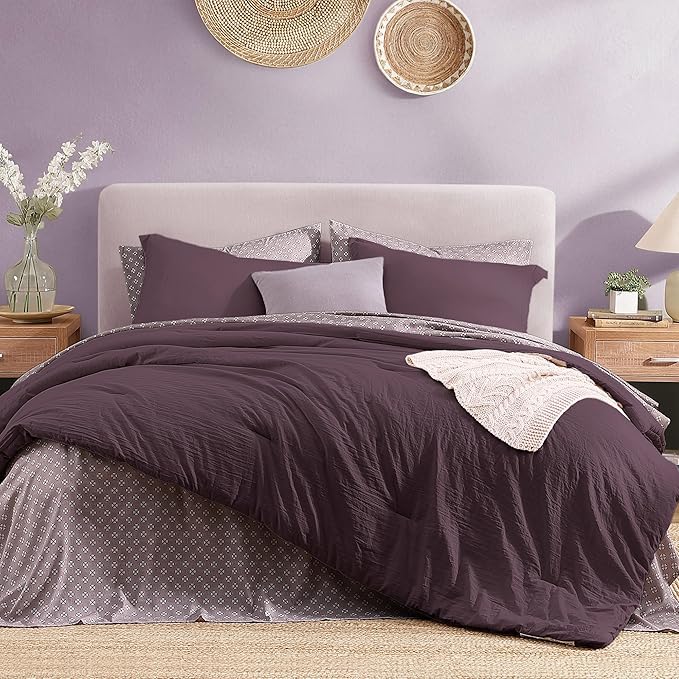 Monbix Full Size Comforter Set - 7 Pieces ltalian Plum Prewashed Bed in a Bag Full Bedding Sets with Comforters, All Seasons Comforter Bed Set with Sheets, Pillowcases & Shams