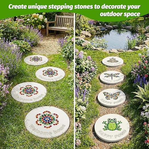 U0U 5PCS Stepping Stone Kit Includes Round Cement Molds, Mosaic Tiles and Carving Tools,DIY Garden Stepping Stone kit for Kids,Family,Outdoor Walkways Pavement Decoration (transparent/5pcs, 10inch)