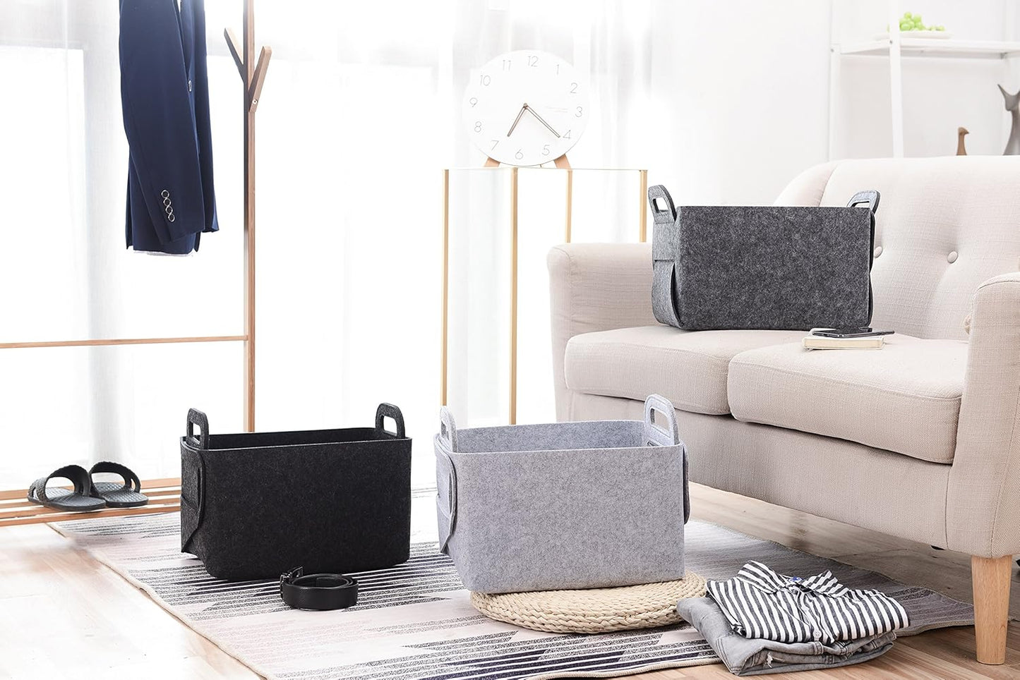 Storage Basket Felt Storage Bin Collapsible& Convenient Box Organizer with Carry Handles for Office Bedroom Closet Babies Nursery Toys Laundry (Light grey, 13.8inch(L)×9.5inch(W)×8.3inch(H))