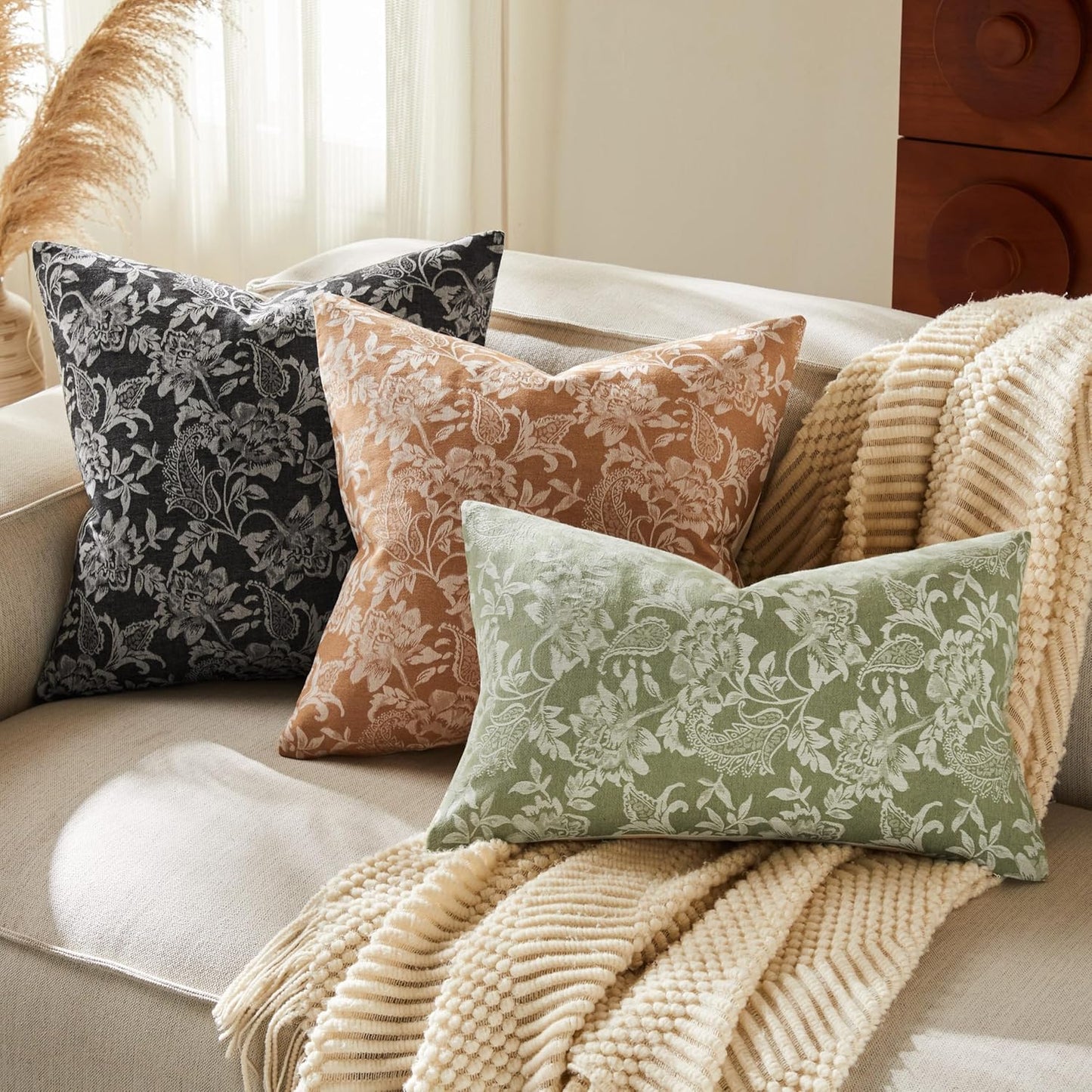 Floral Jacquard Throw Pillow Covers Set of 2, Background/Caramal 18x18 Inch, Farmhouse Decorative Cotton Caramal Cushion Covers for Sofa Bed Living Room Home Decor