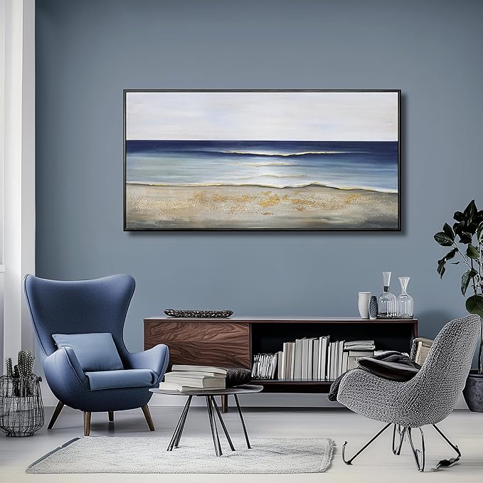 Yuaxker Ocean Wall Art Large Framed Wall Decor Blue and Gold Artwork Room Decor Aesthetic for Living Room Bedroom Dining Room Office Home Decor 30x60 Inch