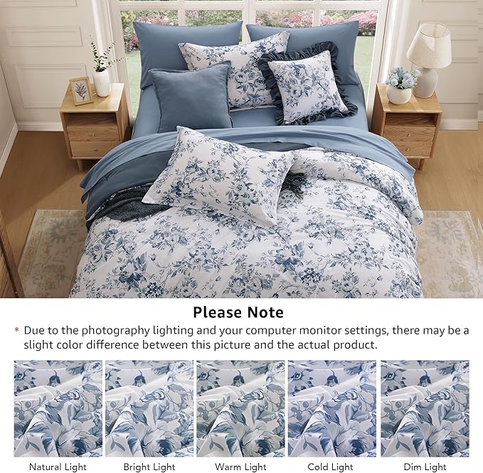 King Comforter Set -7 Pieces Floral Blue Comforter Set for All Seasons, Bed in a Bag King with Botanical Flowers Comforter, Sheets, Pillowcases & Shams