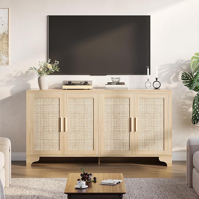Garvee Natural Rattan Storage Cabinet with Shelves, 4-Door Sideboard Buffet Cabinet, Boho TV Stand Console Table for Living Room, Entryway, Dinning Room