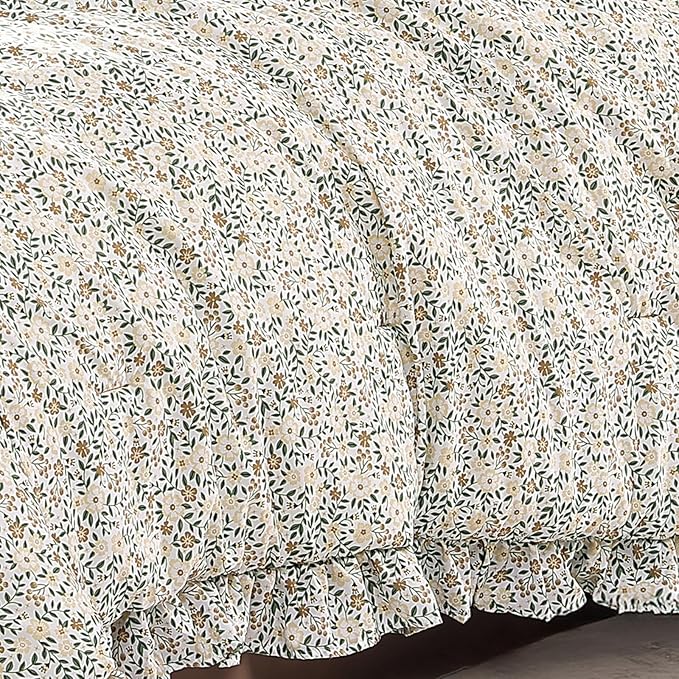 Queen Comforter Set - 7 Pieces Ruffle Beige Ditzy Bedding Sets, Shabby Chic Farmhouse Bed in a Bag Queen with Floral Comforter,Sheets, Pillowcases & Shams