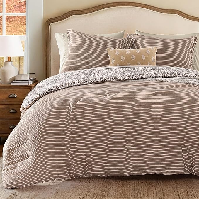 Full Comforter Set - 7 Pieces Dark Brown Gauze Muslin Bedding Sets for All Seasons, Lightweight Breathable Bed in a Bag Full with Revesible Farmhouse Comforter, Sheets, Pillowcases & Shams
