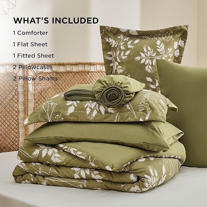 Bedsure Queen Comforter Set - 7 Pieces Floral Olive Green Soft Bedding Sets, Queen Bed in a Bag with Botanical Flowers Comforter, Sheets, Pillowcases & Shams