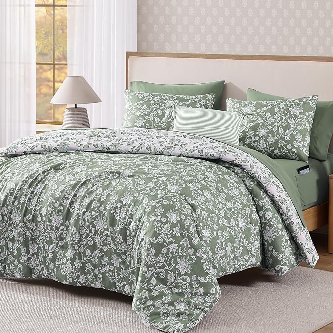 Twin XL Comforter Set -5 Pieces Floral Grey Green Bedding Set for All Seasons, Bed in a Bag with Botanical Flowers Comforter, Sheets, Pillowcase & Sham