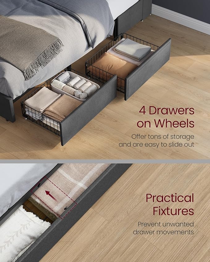 VASAGLE Queen Bed Frame with 51.4 Inch Tall Storage Headboard, Bed Frame Queen Size with 4 Storage Drawers on Wheels, LED Lights, Charging Station, No Box Spring Needed, Modern, Dark Gray URMB891G02