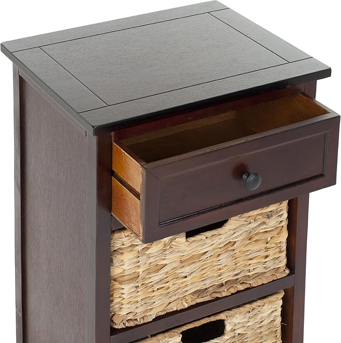 SAFAVIEH Home Collection Carrie Dark Cherry / Natural Wicker 3-Drawer Storage Nightstand Side Table (Fully Assembled)