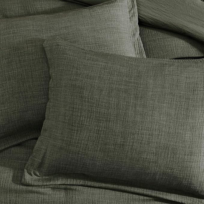 Geniospin Dark Olive Green Oversize Queen Comforter Set - 7 Pieces Comforter Queen Size, Solid Bedding Set for All Season, Textured Bed in a Bag with Sheets