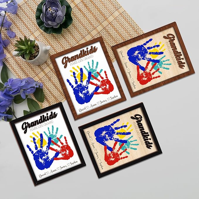 Grandma Birthday Gifts, Grandkids Handprint Sign with Paints, Art Prints Family Keepsake Mother's Day Thanksgiving Gift for Nana, Grammy, Craft Keepsake Wooden Frame, Family Gifts for New Grandma