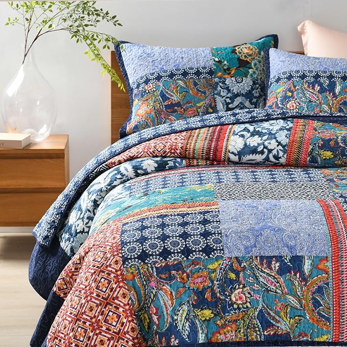 Secgo King Size Comforter Set- 100% Cotton Quilt King Size Set, Navy, Bohemia bedspreads (96 * 108 Inch) with 2 Pillow Shams, Patchwork Reversible Lightweight Bedding