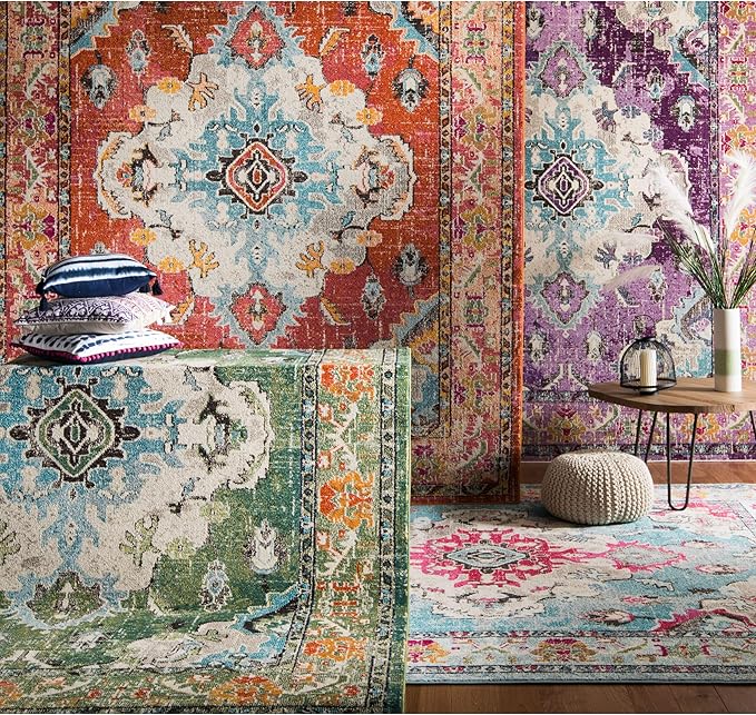 SAFAVIEH Monaco Collection Area Rug - 6'7" x 9'2", Orange & Light Blue, Non-Shedding & Easy to Clean, Distressed Medallion Design, Ideal for Living Room, Bedroom, Dining Space (MNC243H)