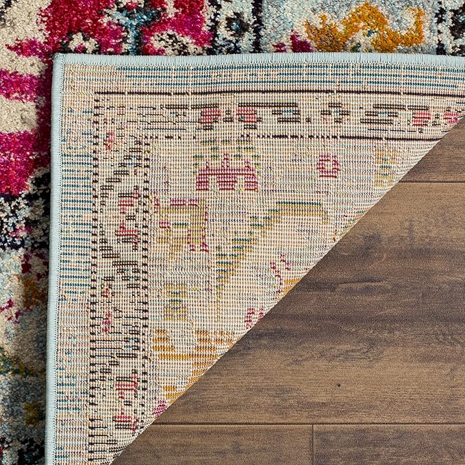 SAFAVIEH Monaco Collection Area Rug - 12' x 18', Light Blue & Fuchsia, Non-Shedding & Easy to Clean, Distressed Medallion Design, Ideal for Living Room, Bedroom, Dining Space (MNC243J)