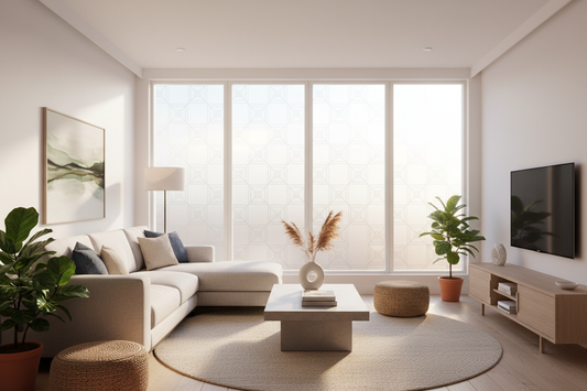 Modern living room with elegant window privacy film allowing natural light while maintaining privacy