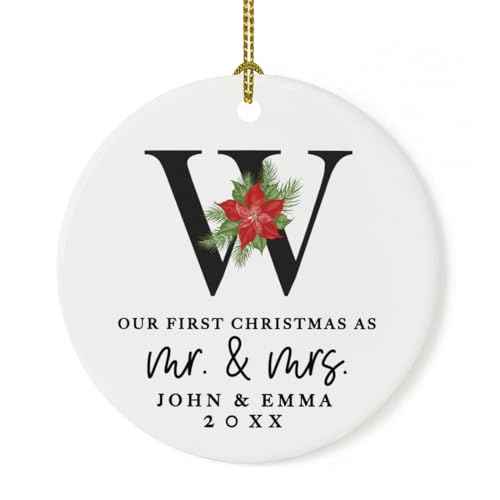 Personalized Our First Christmas As Mr. & Mrs. 2026 Christmas Ornaments Monogram Poinsettia 2.8" Round Porcelain Ceramic 1st Year Married Custom Ornament Keepsake for Newlyweds 1
