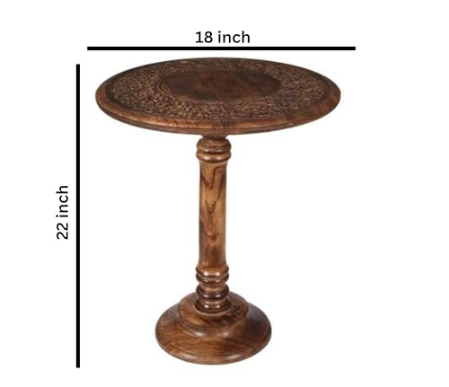 Lightnpro Hand‑Carved Round Pillar Mango Wood Accent Table 18x22 Inch Burnt Finish