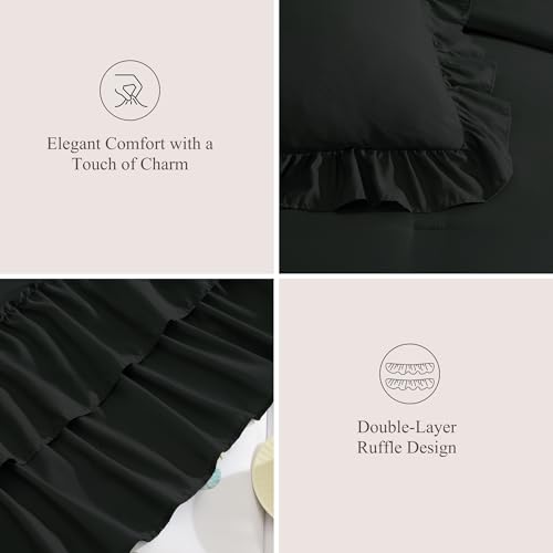Full Size Comforter Set Black Ruffle 7 Pieces Farmhouse Bed in a Bag