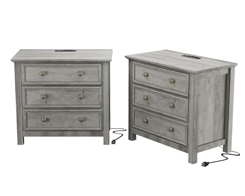 Set of 2 Large Nightstand with Charger Station