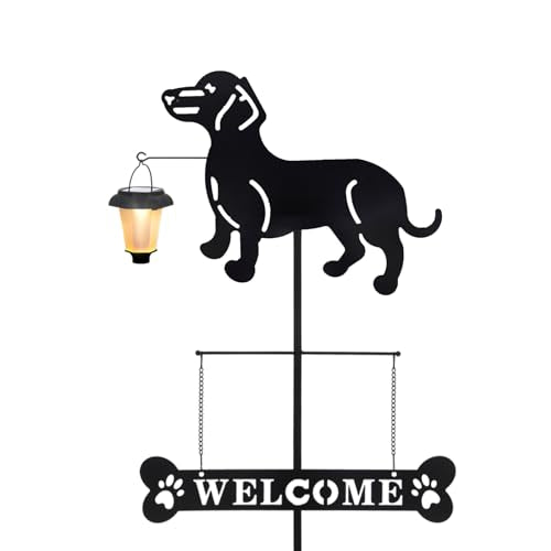 Solar Dachshund Silhouette Dog Breed Welcome Sign with a Lantern