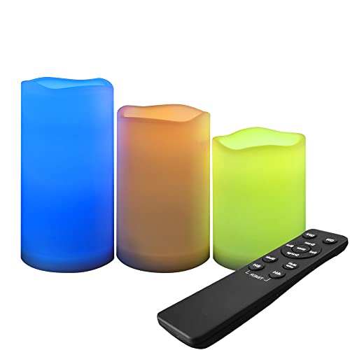 Waterproof Outdoor Color Changing Flameless Candles Remote Timer Realistic Flickering Battery Operated Fake Electric LED White Plastic Pillars for Wedding Christmas Decoration 3 Pack