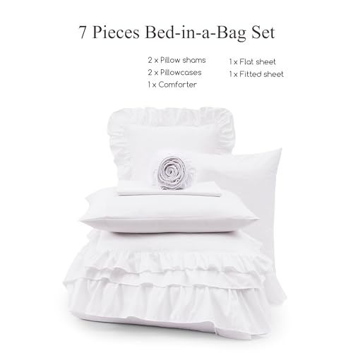 King Size Comforter Set White Ruffle 7 Pieces Farmhouse Bed in a Bag