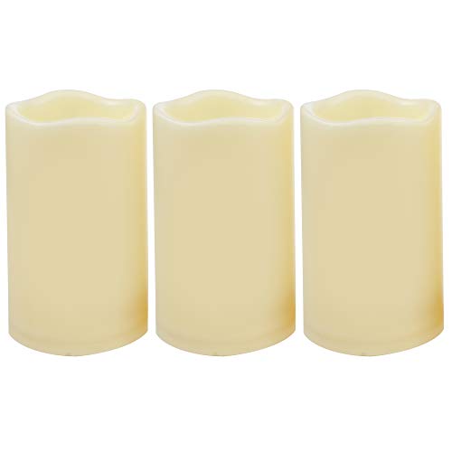 3 Waterproof Outdoor Battery Operated Flameless LED Pillar Candle with Timer Flickering Plastic Resin Electric Decorative Light for Lantern Patio Garden Home Decor Party Wedding (3 Count)