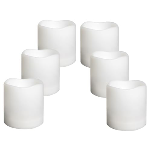 Waterproof Outdoor Battery Operated Flameless Candles with Auto Timer Flickering Plastic Resin Electric LED Pillar Lights for Lantern Patio Garden Wedding Party Decorations 3x3 Inches 6 Pack White (6 Count)