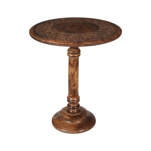 Lightnpro Hand‑Carved Round Pillar Mango Wood Accent Table 18x22 Inch Burnt Finish