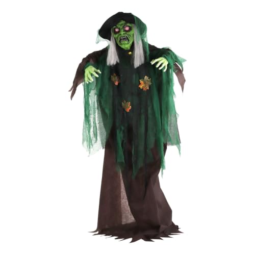 Talking Forest Witch Halloween Animatronic with Movement and Lights for Battery Operated Scary Indoor or Covered Outdoor Halloween Decorations (6FT Standing Witch)