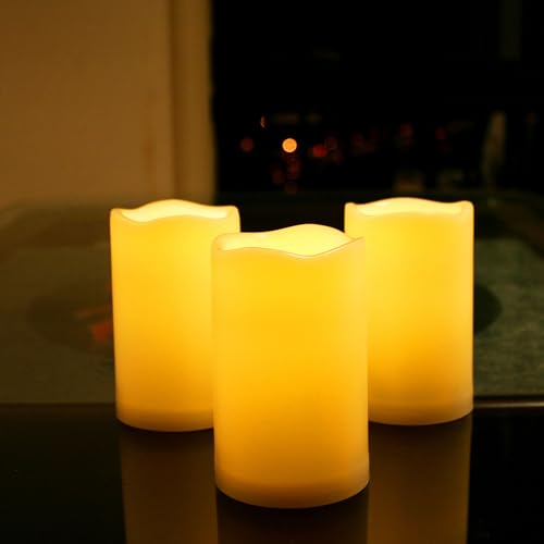Waterproof Outdoor Battery Operated Flameless Candles with Remote Timer Plastic Flickering Fake Electric LED Pillars for Lantern Garden Wedding Christmas Decorations 3x5 Inches 3 PCS