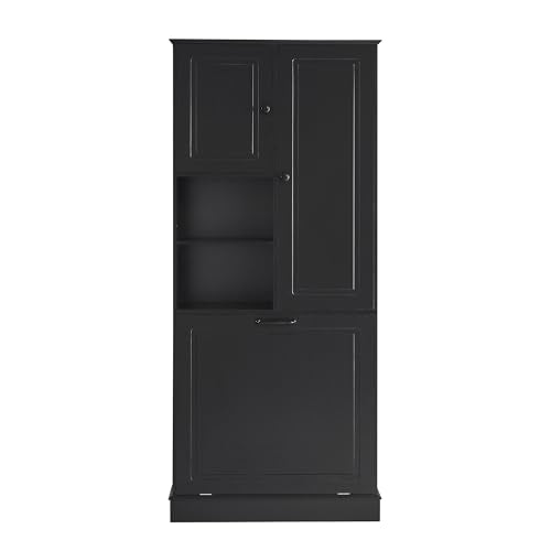 68" Tall Bathroom Storage Cabinet with Two Doors and Laundry Hamper for Home Display Organizer