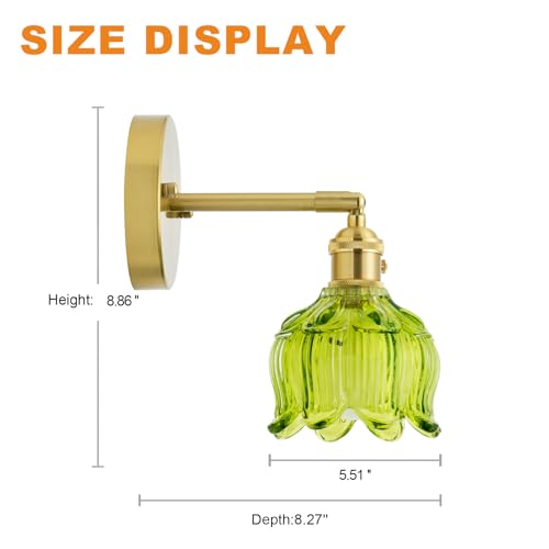 Vintage Wired Wall Sconce Set of 2 Hardwired Wall Light with Green Tulip Glass Shade (2 Count)