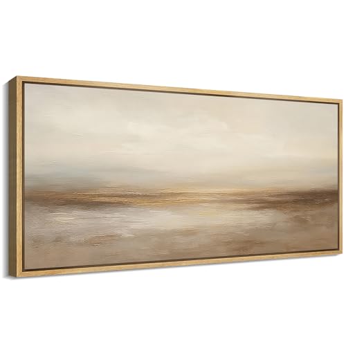 Extra Larg Framed Canvas Print Wall Art Neutral Beige Horizon Abstract Modern Minimalist Landscape Illustrations Decorative Colorful for Bedroom