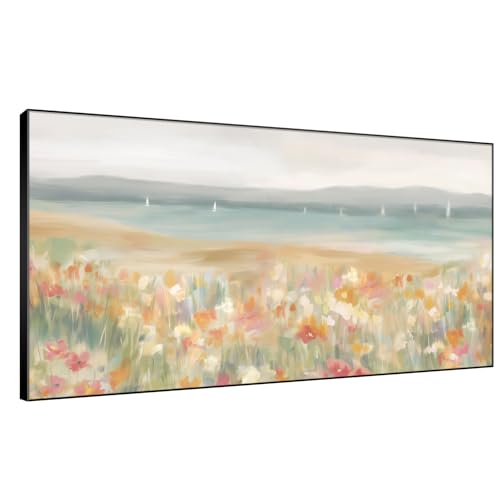 24"x46" Extra Large Framed Wall Art Coastal Flower Field with Sailing Boats Serene Landscape Illustration for Home Living Room Bedroom Decor
