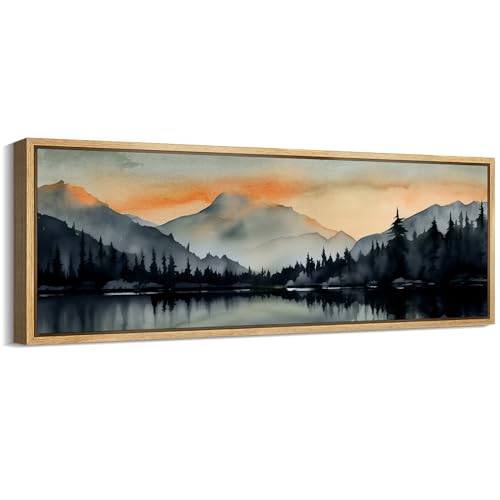 Large Framed Canvas Print Wall Art Sunset Mountain Range and Lake Panoramic Antique Retro Fine Art Illustrations Decorative Colorful for Bedroom