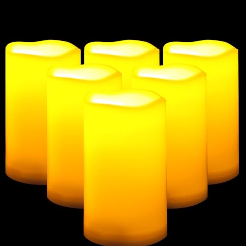 Waterproof Outdoor Battery Operated Flameless Candles with Remote Timer Plastic Realistic Flickering Fake Electric LED Pillars Lantern Garden Wedding Christmas Decorations 3”x5” 6 Pack