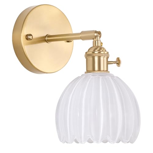 Vintage Wall Sconces with White Tulip Glass Lampshade 180 Degree Adjustable Brass Sconces Hradwired Modern Wall Lighting Fixture with Switch for Bedside Bedroom Doorway