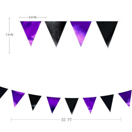Purple and Black Party Decorations Metallic Fabric Triangle Pennant Banner Flag Bunting Garland for Graduations Birthday Retirement Wedding Baby Shower Bachelorette Halloween Outdoor Party Supplies (36 Count)