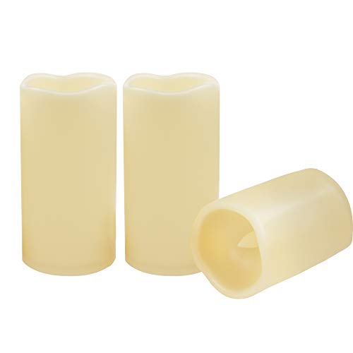 3 Waterproof Outdoor Battery Operated Flameless LED Pillar Candle with Timer Flickering Plastic Resin Electric Decorative Light for Lantern Patio Garden Home Decor Party Wedding (3 Count)