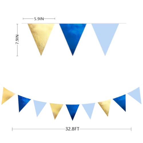 Gold Blue Party Decoration Gradient Blue and Gold Triangle Pennant Banner Flag Metallic Fabric Bunting Garland for Nautical Ahoy Achor Birthday Graduation Retirement Wedding Baby Shower Party Supplies (36 Count)