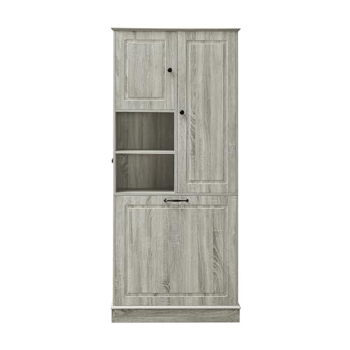 68" Tall Bathroom Storage Cabinet with Two Doors and Laundry Hamper for Home Display Organizer