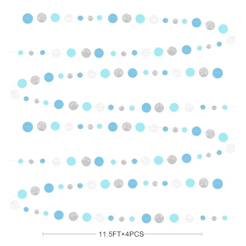 Dusty Blue Silver White Polka Dots Garland Hanging Paper Circle Dot Streamer for Nautical Birthday Wedding Engagement Bridal Shower Retirement Graduation Hen Party Decorations Supplies