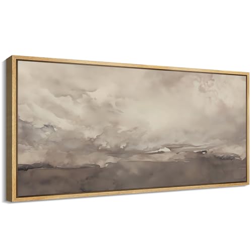 Extra Large Framed Canvas Print Wall Art Misty Landscape Neutral Tranquil Abstract Nature Painting in Earth Tones Illustrations Decorative Colorful Multicolor for Bedroom