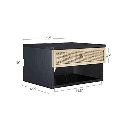 Jackson Wall Mounted Rattan Floating Bedroom Nightstand with Storage Drawer and Modern Open Shelf Cubby