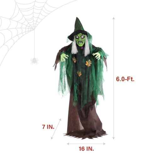 Talking Forest Witch Halloween Animatronic with Movement and Lights for Battery Operated Scary Indoor or Covered Outdoor Halloween Decorations (6FT Standing Witch)